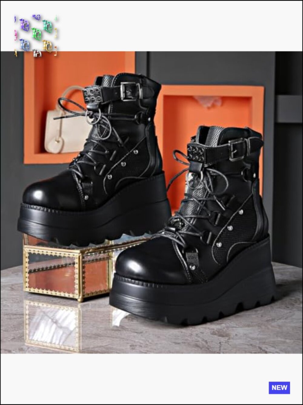 Gothic Platform Combat Boots with Bat Wings Strap Detail Chunky Sole Lace up - Picture 5 of 7